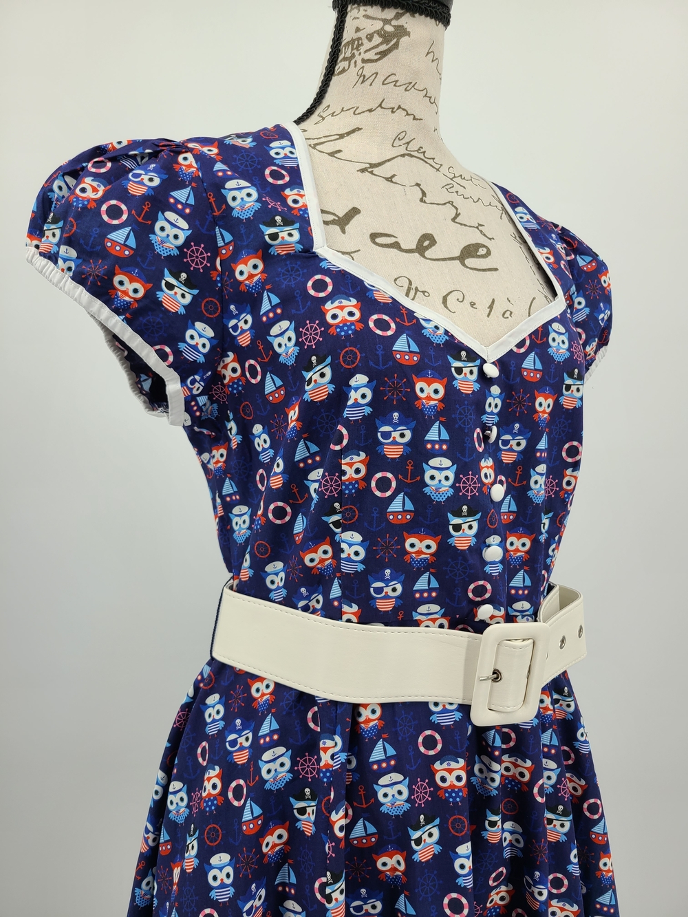ModCloth Nautical Owl Belted Cotton Fit And Flare Dress
